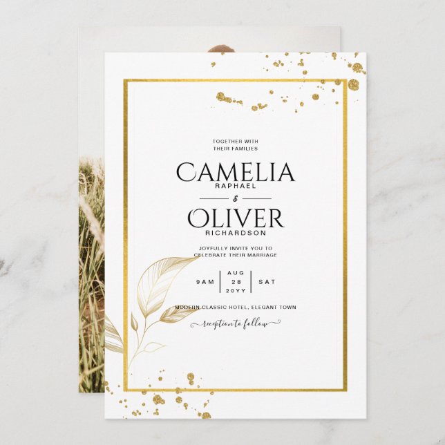 Elegantes White & Gold Foto Einladung zur Hochzeit (Vorne/Hinten)