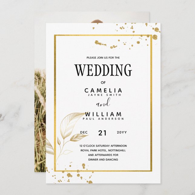 Elegantes White & Gold Foto Einladung zur Hochzeit (Vorne/Hinten)
