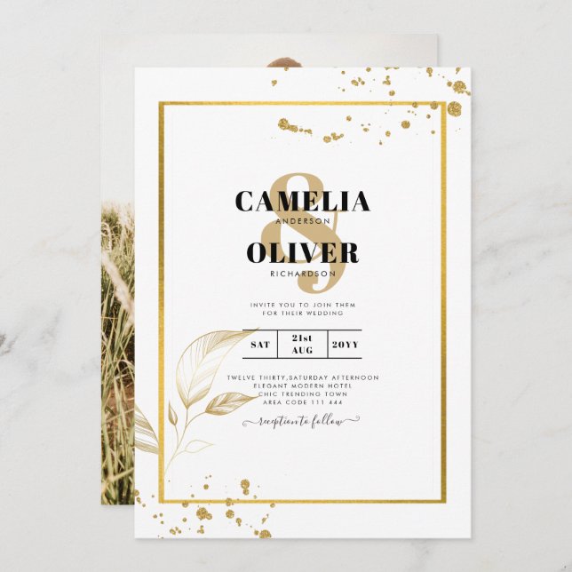 Elegantes White & Gold Foto Einladung zur Hochzeit (Vorne/Hinten)