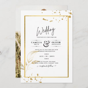 Elegantes White & Gold Foto Einladung zur Hochzeit