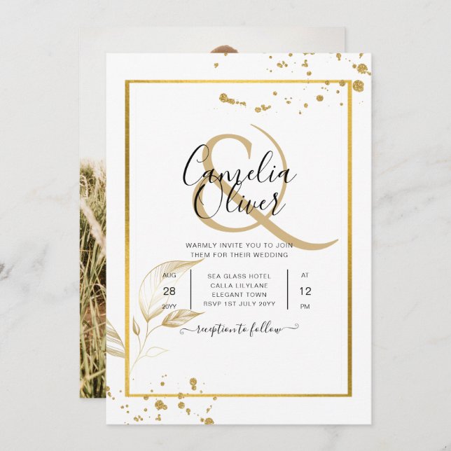Elegantes White & Gold Foto Einladung zur Hochzeit (Vorne/Hinten)