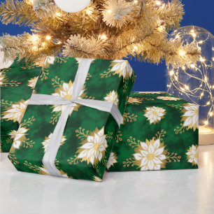 Elegantes White Gold Green Poinsettia Blume Muster Geschenkpapier