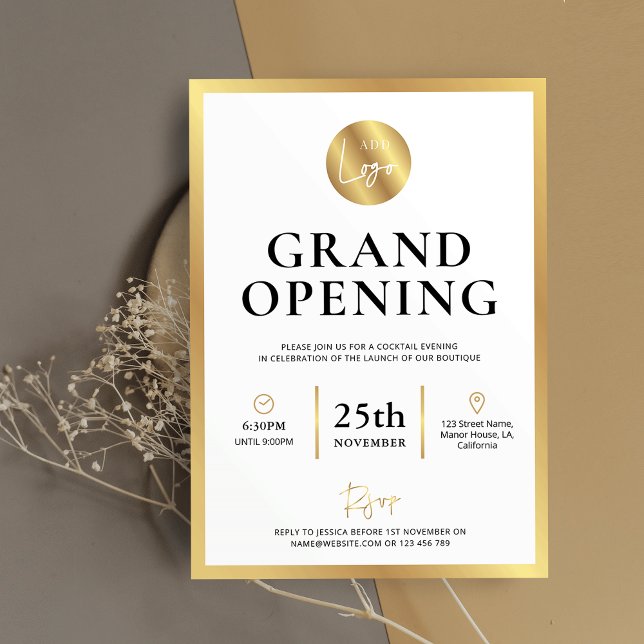 Elegantes White Gold Logo New Business Opening Eve Einladung (Elegant gold foil effect grand opening invitations with space for your logo and custom event details)