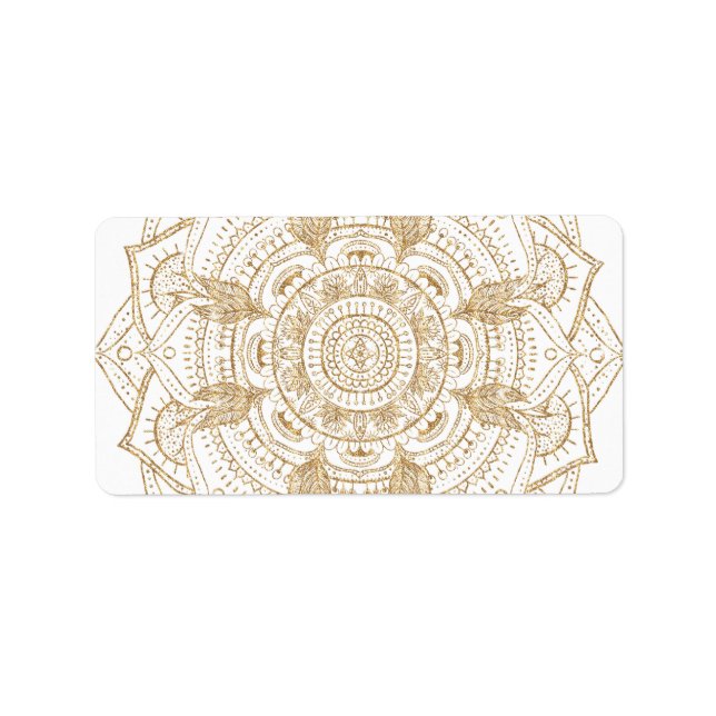 Elegantes White & Gold Mandala Handgezeichnetes De Adressaufkleber (Vorne)