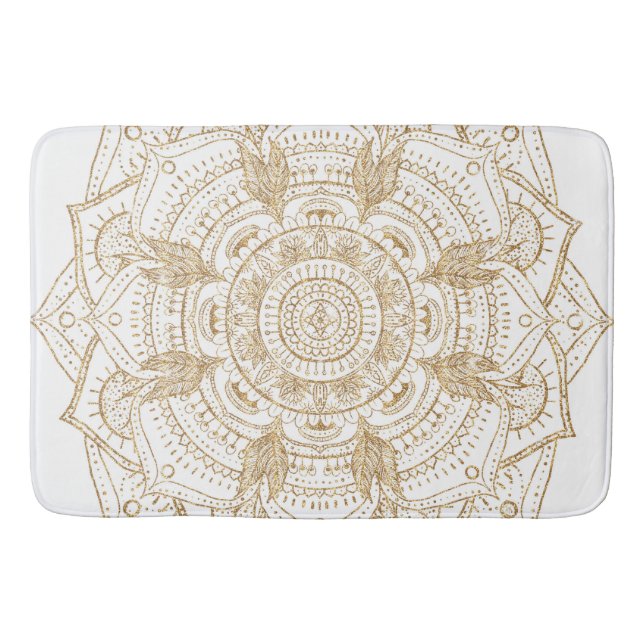 Elegantes White & Gold Mandala Handgezeichnetes De Badematte (Vorderseite)