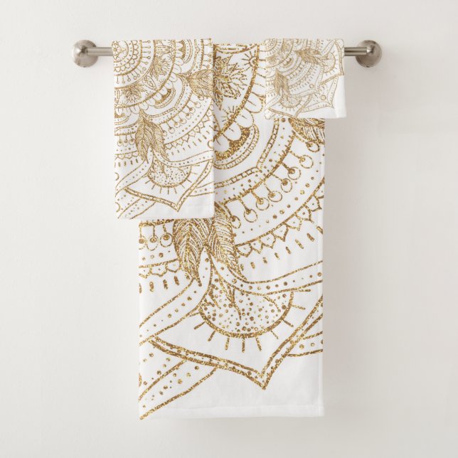 Elegantes White & Gold Mandala Handgezeichnetes De Badhandtuch Set (Insitu)