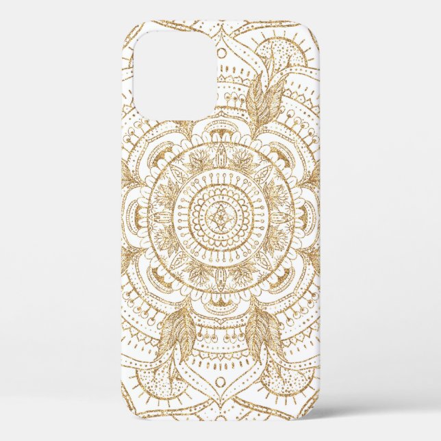 Elegantes White & Gold Mandala Handgezeichnetes De Case-Mate iPhone Hülle (Rückseite)