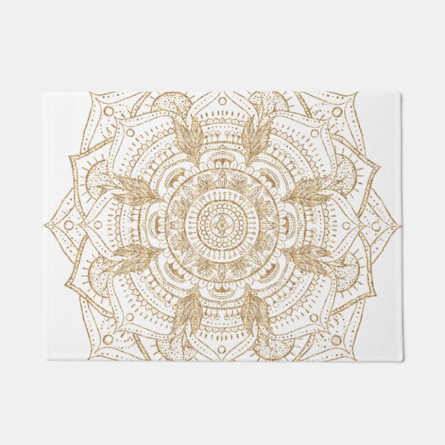 Elegantes White & Gold Mandala Handgezeichnetes De Fußmatte (Vorderseite)