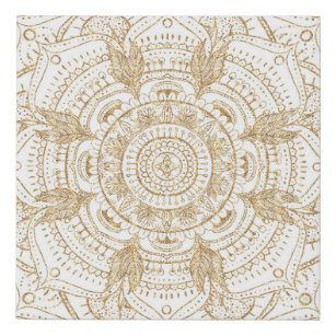 Elegantes White & Gold Mandala Handgezeichnetes De Künstlicher Leinwanddruck