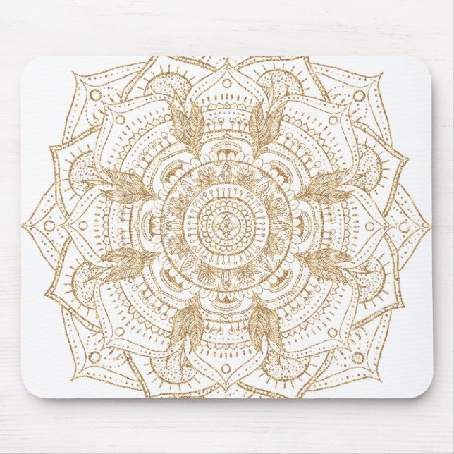 Elegantes White & Gold Mandala Handgezeichnetes De Mousepad (Vorne)