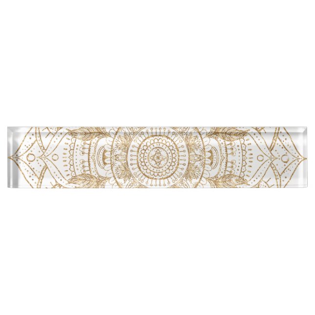 Elegantes White & Gold Mandala Handgezeichnetes De Namensplakette (Vorderseite)