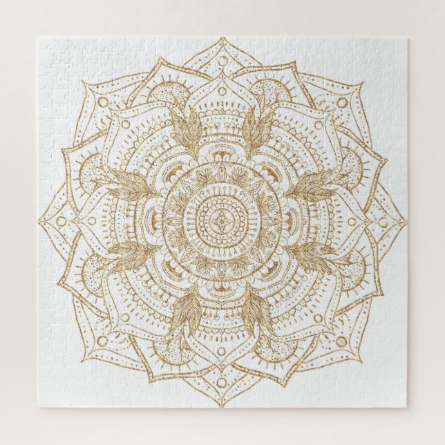 Elegantes White & Gold Mandala Handgezeichnetes De Puzzle (Vertikal)