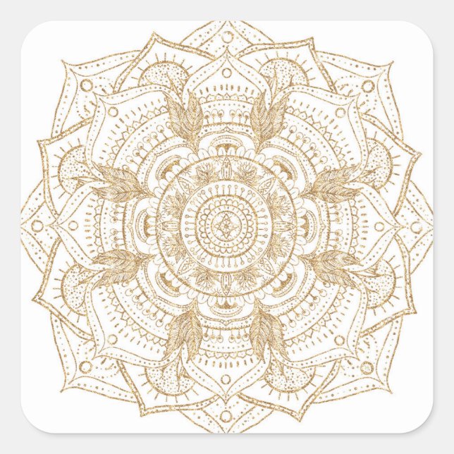 Elegantes White & Gold Mandala Handgezeichnetes De Quadratischer Aufkleber (Vorderseite)