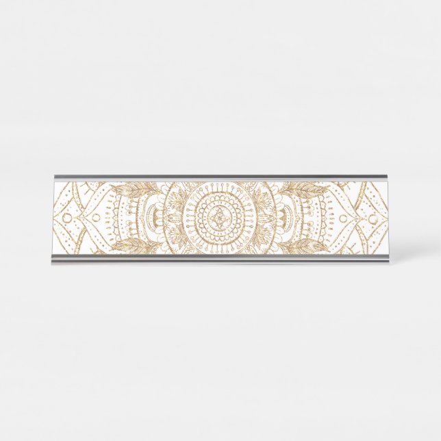 Elegantes White & Gold Mandala Handgezeichnetes De Schreibtischnamensplakette (Vorderseite )