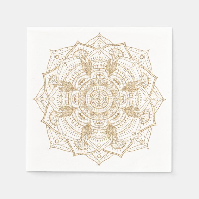 Elegantes White & Gold Mandala Handgezeichnetes De Serviette (Vorderseite)