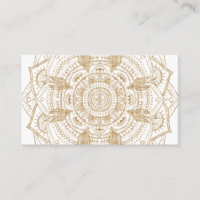 Elegantes White & Gold Mandala Handgezeichnetes De Visitenkarte (Vorderseite)