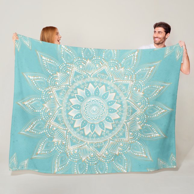 Elegantes White Gold Mandala Sky Blue Design Fleecedecke (Beispiel)