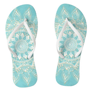 Elegantes White Gold Mandala Sky Blue Design Flip Flops