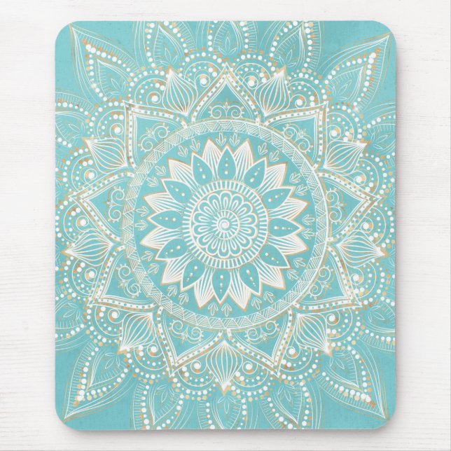 Elegantes White Gold Mandala Sky Blue Design Mousepad (Vorne)