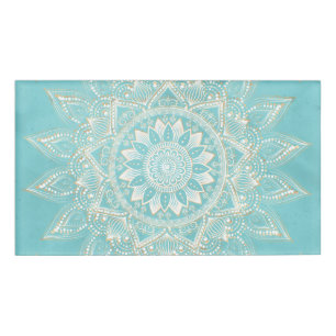 Elegantes White Gold Mandala Sky Blue Design Namenschild