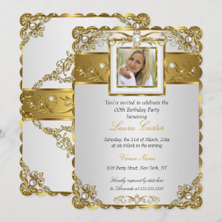Elegantes White Gold Pearl Damask Foto Geburtstag  Einladung