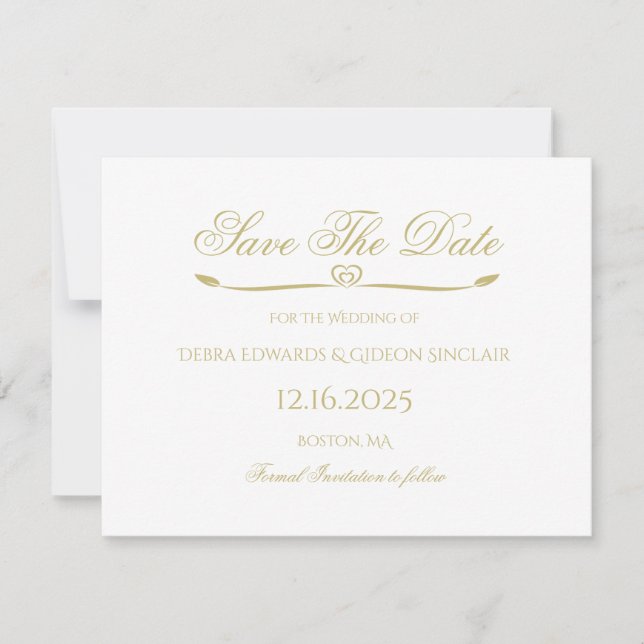 Elegantes White Gold Script Einfaches Heart Weddin Save The Date (Vorderseite)