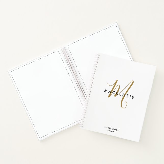 Elegantes White Gold Script Monogram Sketchbook Notizbuch (Innenseite)