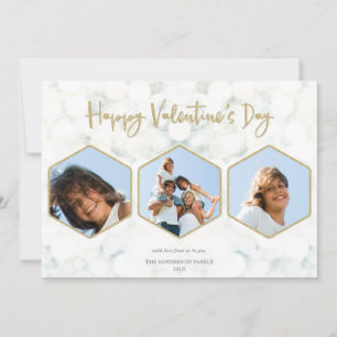 Elegantes White + Gold Valentine's Day Triple Foto Feiertagskarte