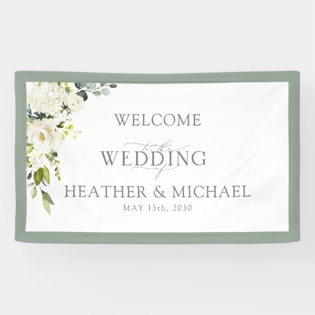 Elegantes White Gray Green Floral Watercolor Scrip Banner (Horizontal)