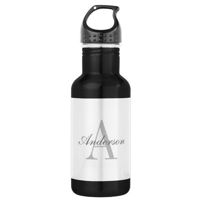 Elegantes White & Gray Monogramm Edelstahlflasche (Vorderseite)
