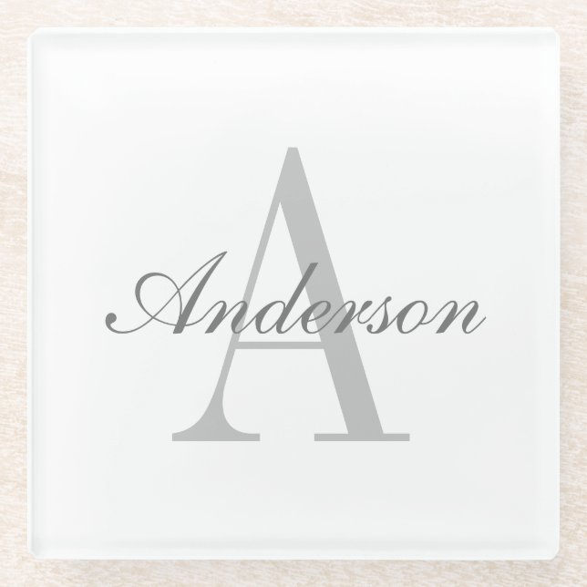Elegantes White & Gray Monogramm Glasuntersetzer (Vorderseite)