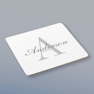 Elegantes White & Gray Monogramm Rechteckiger Pappuntersetzer