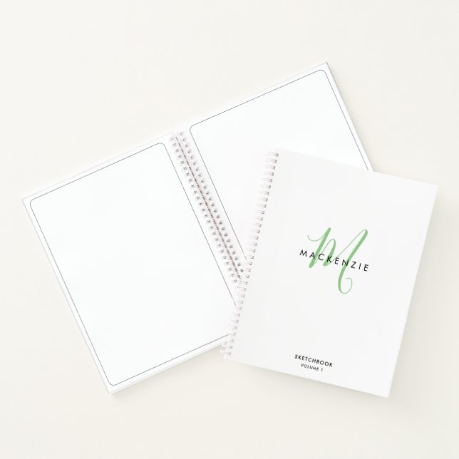 Elegantes White Green Script Monogram Sketchbook Notizbuch (Innenseite)