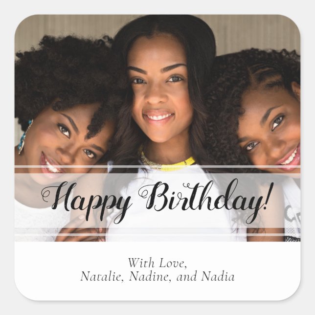 Elegantes White Happy Birthday Custom Foto Square Quadratischer Aufkleber (Vorderseite)