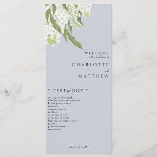 Elegantes White Hydrangea Dusty Blue Wedding Progr Menükarte