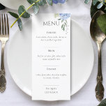 Elegantes White Hydrangea Wedding Menu Menükarte<br><div class="desc">Das blaue Hydrangea Hochzeitsmenü Set ein gemütliches, elegantes und jugendliches Ambiente. Hydrangeas waren schon immer eine sehr beliebte Blumenwahl für Hochzeiten. Auf dieser Tischkarte befinden sich 2 kostenfreie Schriftart auf weißem Hintergrund und eine Hydrangea-Blumenstruktur oben rechts. Personalisieren Sie diese Karte mit Ihren eigenen Hochzeitsmenüs Geschirr. Es gibt genug Platz, um...</div>