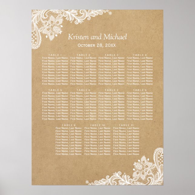 Elegantes White Lace Kraft Hochzeitsdiagramm Poster