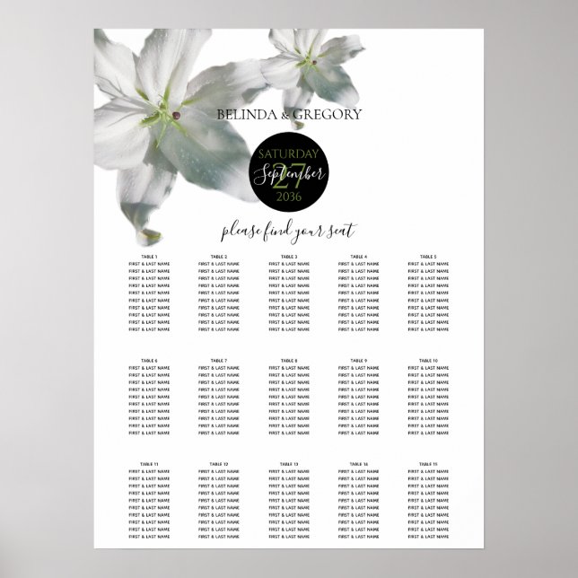 Elegantes White Lilies Wedding Seating Chart Poster (Vorne)