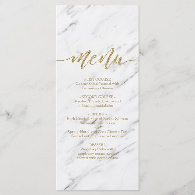 Elegantes White Marble & Gold Foil Wedding Menü Menükarte (Vorderseite)
