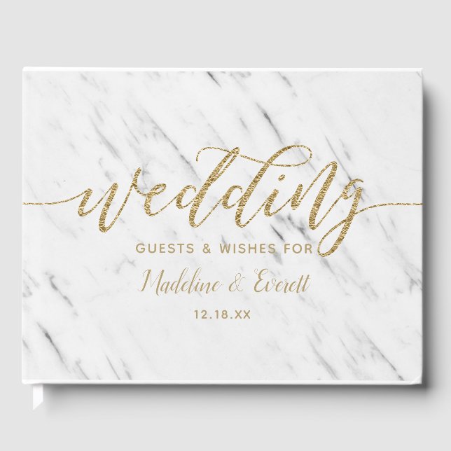 Elegantes White Marble & Gold Foil Wedding Monogra Gästebuch (Vorderseite)