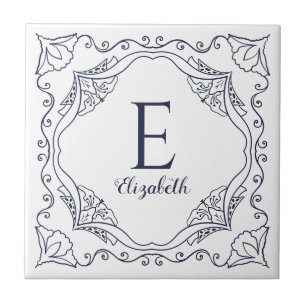 Elegantes White Navy Blue Decorative Name Monogram Fliese