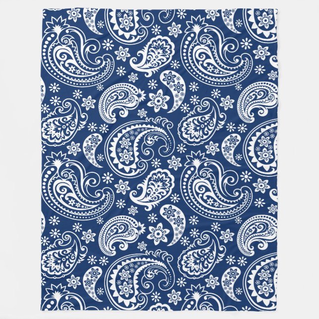 Elegantes White & Navy Blue Vintag Paisley Muster Fleecedecke (Vorderseite)