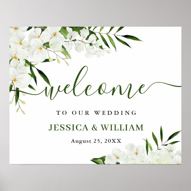 Elegantes White Orchid Bohemisch Wedding Willkomme Poster (Vorne)