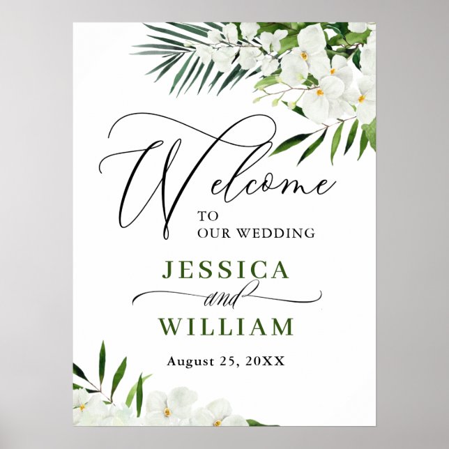 Elegantes White Orchid Bohemisch Wedding Willkomme Poster (Vorne)