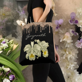 Elegantes White Orchids Gold Glitzer Tropfen Monog