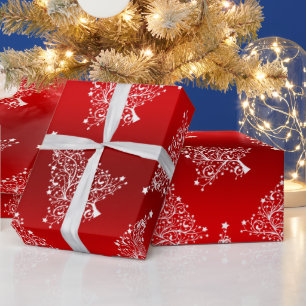 Elegantes White & Red Christmas Tree Muster Geschenkpapier