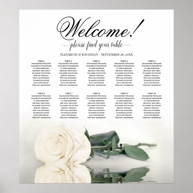 Elegantes White Rose 10 Tabelle Hochzeitsdiagramm Poster (Vorne)