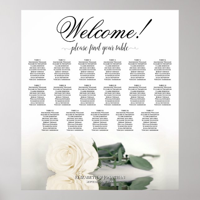 Elegantes White Rose 17 Tabelle Hochzeitstabelle Poster (Vorne)