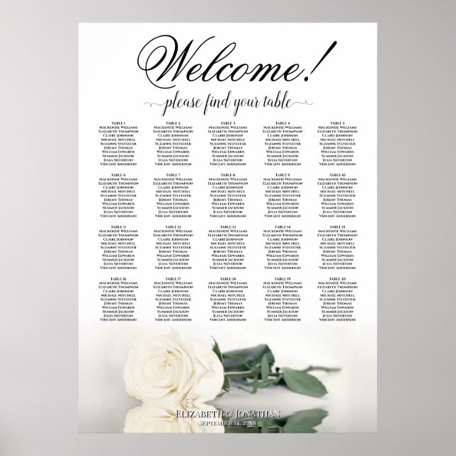 Elegantes White Rose 20 Table Wedding Seating Char Poster (Vorne)