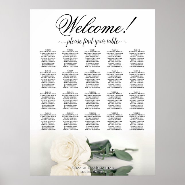 Elegantes White Rose 20 Table Wedding Seating Char Poster (Vorne)